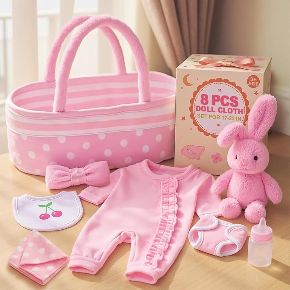 🆕 8 Pcs Baby Doll Accessories Dolls Clothes with Bassinet for 17-22 Inch Baby